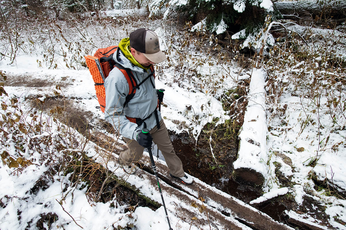 Waterproof hiking shoes (wearing Salomon X Ultra 4 GTX on snowy trail)